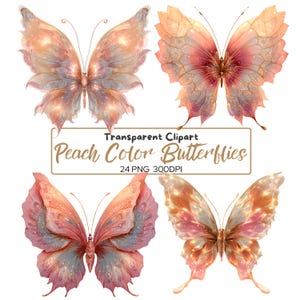 24 PNG couleur pêche enchanteur PAPILLONS Clipart Bundle, jolis dessins d'illustrations de papillons fantaisistes, téléchargement numérique, usage Commercial