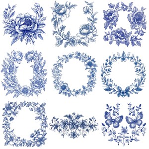 May include: Nine blue and white floral designs, including wreaths, corner arrangements, and a butterfly motif. The illustrations feature detailed botanical drawings of flowers and foliage, perfect for crafting or decorative projects.