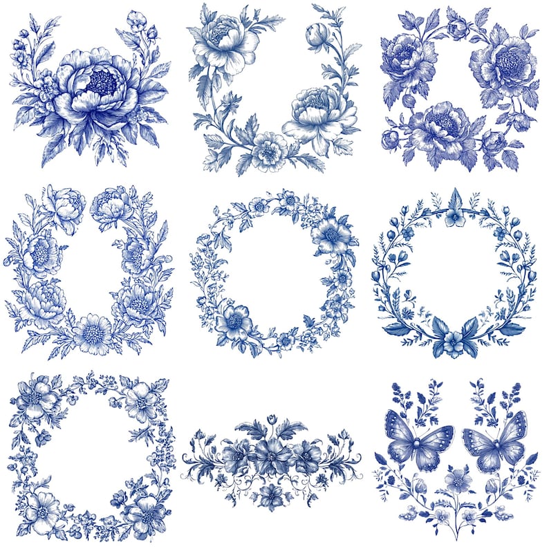 May include: Nine blue and white floral designs, including wreaths, corner arrangements, and a butterfly motif. The illustrations feature detailed botanical drawings of flowers and foliage, perfect for crafting or decorative projects.