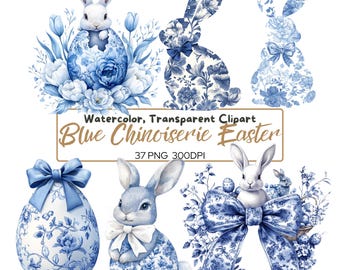 37 PNG Easter Blue CHINOISERIE clipart – Spring Floral Blue Bunny with Transparent Background for Cards, Invitations Crafts, Easter clipart