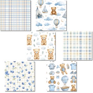 May include: A collection of watercolor patterns featuring baby-themed designs. Includes plaid, teddy bears, hot air balloons, clouds, blueberries, and baby clothes in shades of blue, tan, and white. Perfect for nursery decor or baby-themed crafts.