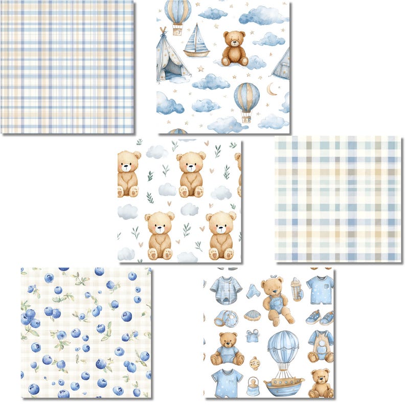 May include: A collection of watercolor patterns featuring baby-themed designs. Includes plaid, teddy bears, hot air balloons, clouds, blueberries, and baby clothes in shades of blue, tan, and white. Perfect for nursery decor or baby-themed crafts.