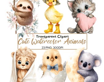 Watercolor Baby Animal Clipart Bundle: Kawaii Nursery PNG (Digital Download