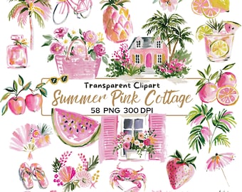 58 PNG Summer Pink Cottage Clipart Bundle, Watercolor Summer PNG, Coastal Clipart, Tropical Clipart, Strawberry, Lemon, Beach, Pink Borders