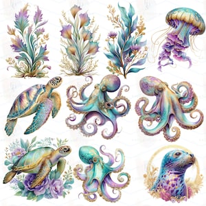 May include: A collection of watercolor illustrations featuring marine life and aquatic plants. The image includes a jellyfish, octopuses, sea turtles, a seal, and various types of seaweed, all in shades of teal, purple, and gold.