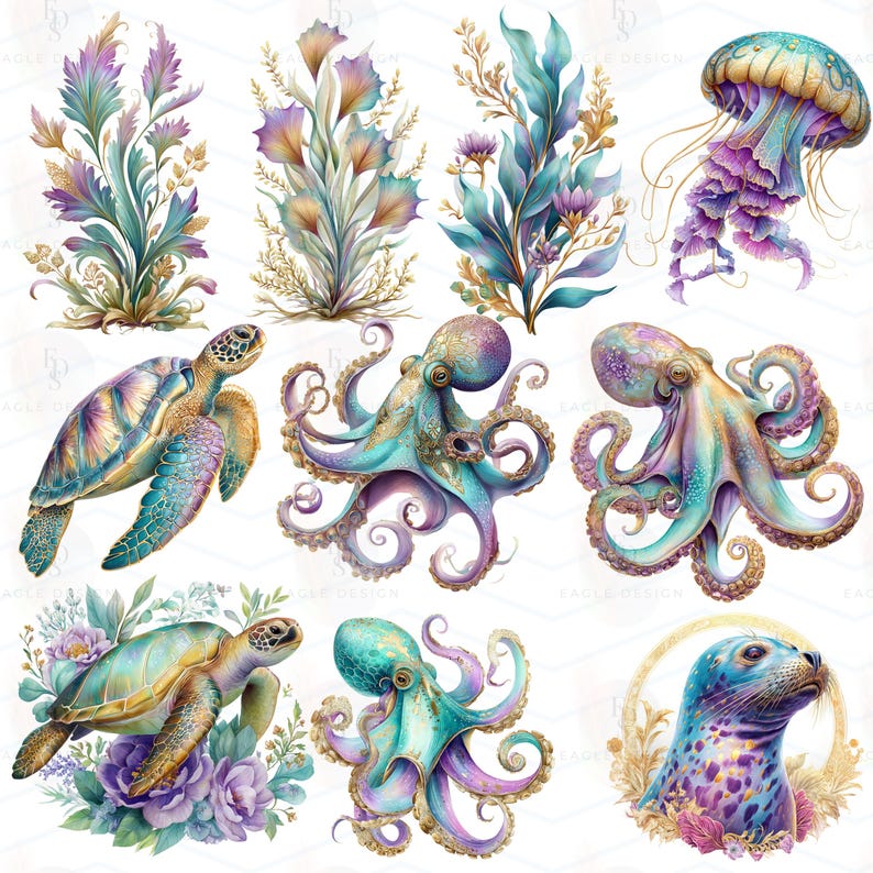 May include: A collection of watercolor illustrations featuring marine life and aquatic plants. The image includes a jellyfish, octopuses, sea turtles, a seal, and various types of seaweed, all in shades of teal, purple, and gold.