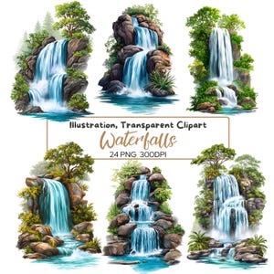 24 imágenes prediseñadas de cascadas PNG / 24 cascadas de cuentos / Ilustración de escenas naturales, paisaje de rocas y bosques, imágenes prediseñadas de cascadas, río y piedras