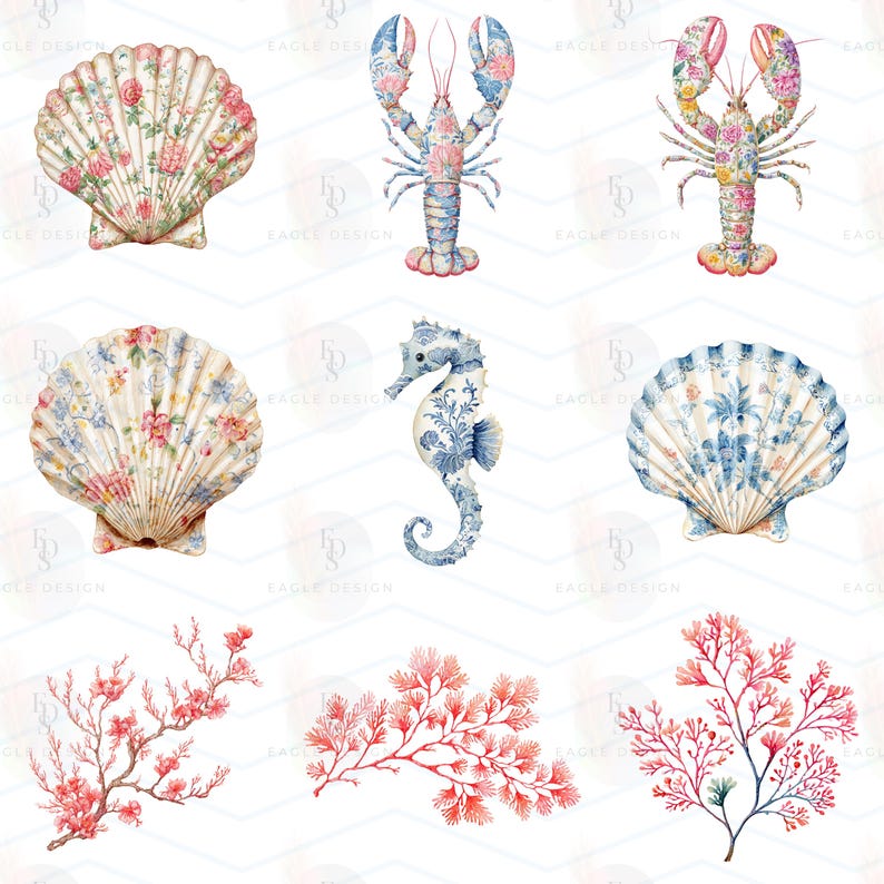 May include: A collection of nine watercolor illustrations featuring two scallop shells with pink floral patterns, a lobster with a floral design, a second lobster with a colorful floral pattern, a scallop shell with blue floral motifs, a seahorse with blue patterns, a blue floral scallop shell, and three distinct coral branches in shades of pink.