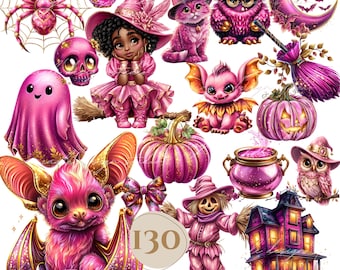 Roze Halloween-clipartbundel: Witchy, Spooky, Kawaii (digitale download, 130 png-bestanden)