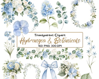 Hydrangea Clipart Bundle, Blue Watercolor Flowers PNG, Botanical Floral Clip Art, Wedding Flowers, Eucalyptus Greenery PNG, 160 PNG, Borders