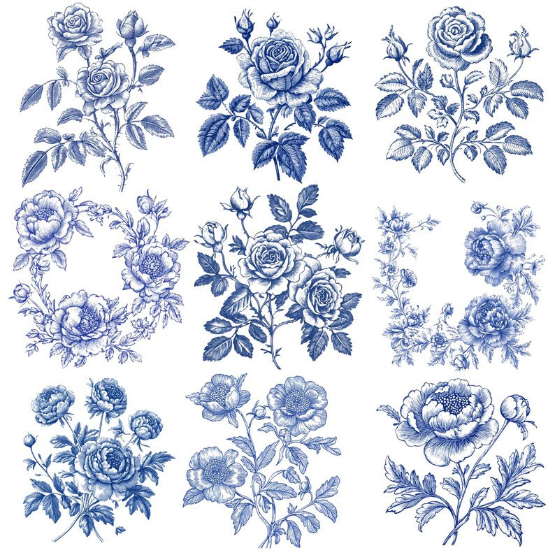 May include: Nine blue and white floral illustrations featuring roses and peonies. The botanical drawings showcase detailed line art of various flower arrangements, including bouquets and sprays, with leaves and buds. The designs are reminiscent of classic botanical prints.