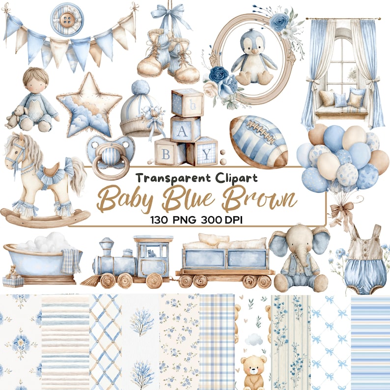 May include: Watercolor clipart set featuring baby-themed illustrations in shades of blue and brown. Includes a rocking horse, blocks, a football, a train, a pacifier, and other baby-related items. The text "Baby Blue Brown" is also visible.