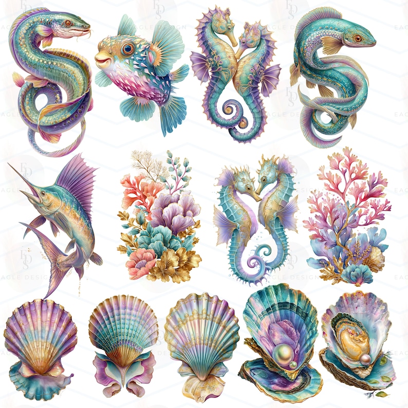 May include: Watercolor illustrations of various marine life, including fish, seahorses, coral, and seashells. The artwork features vibrant colors such as teal, purple, pink, and gold, creating a whimsical underwater scene. The image is suitable for nautical-themed decor or craft projects.