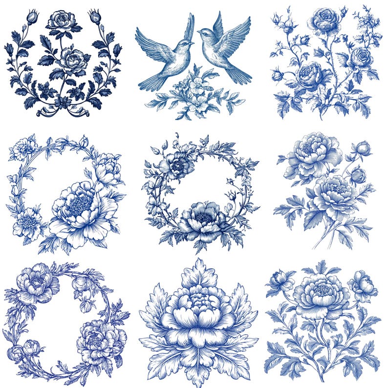 May include: A collection of nine blue and white floral illustrations. The designs include roses, peonies, wreaths, and two birds. The artwork is detailed and reminiscent of classic porcelain patterns.