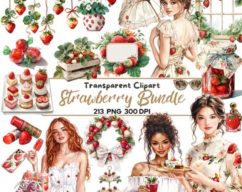 Paquete de 213 imágenes prediseñadas PNG de fresas, estética para chicas, marcos y coronas de fresas, imágenes prediseñadas de postres dulces, fresas de verano PNG