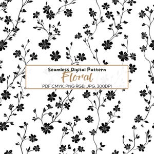 Minimalist Black and White Floral Seamless Pattern | Small Flowers Digital Paper | Modern Monochrome Design, Holiday paper, png, jpg, pdf