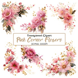 30 PNG ROSA Oro Acquerello Bordo Angolo FIORI clip art, Fiori da matrimonio rosa pastello rosa oro, Bordo di fiori acquerello, Rosa e oro