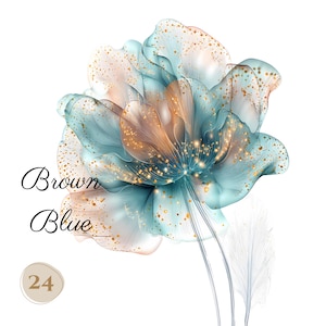 24 PNG de FLORES abstratas MARRONS e turquesa clip arts (300 dpi, uso comercial, pacote, digital, aquarela, tinta com álcool) flores surreais