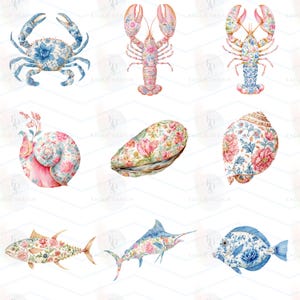 May include: A collection of nine marine life illustrations featuring a crab, two lobsters, three seashells, and three fish. Each creature is decorated with intricate blue or pink floral patterns, showcasing detailed botanical motifs on their bodies.