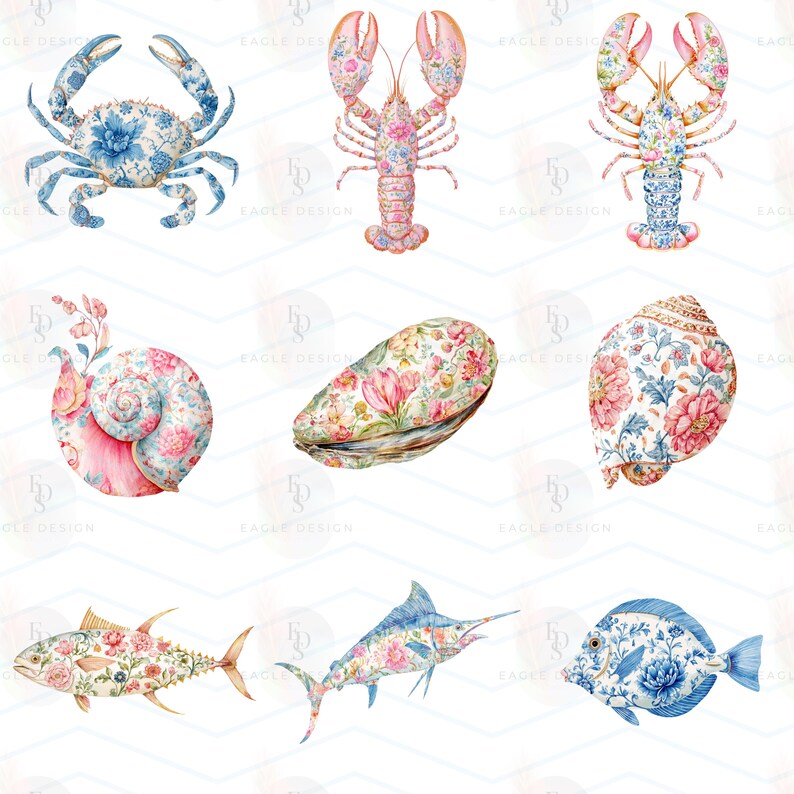 May include: A collection of nine marine life illustrations featuring a crab, two lobsters, three seashells, and three fish. Each creature is decorated with intricate blue or pink floral patterns, showcasing detailed botanical motifs on their bodies.