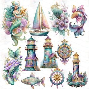 May include: Watercolor illustrations of nautical and fantasy elements. Includes a mermaid holding a starfish, a sailboat, lighthouses, fish, floral arrangements, and ship wheels. The color palette features blues, purples, and gold accents.