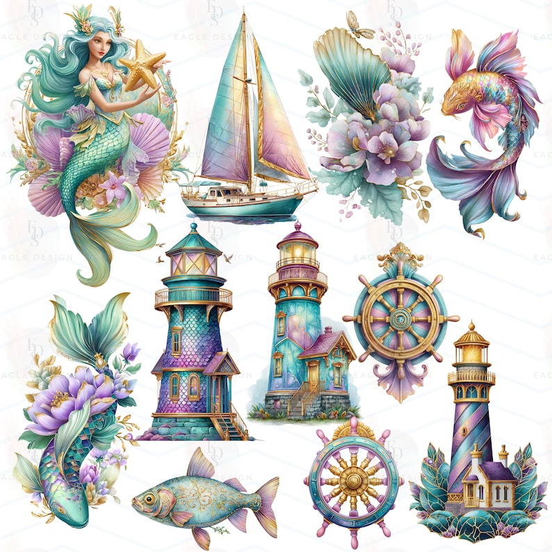 May include: Watercolor illustrations of nautical and fantasy elements. Includes a mermaid holding a starfish, a sailboat, lighthouses, fish, floral arrangements, and ship wheels. The color palette features blues, purples, and gold accents.