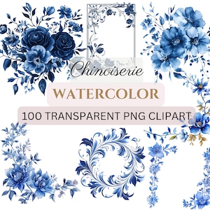 Blauwe bloemen - 100 CHINOISERIE Floral clip arts (300 dpi, commercieel gebruik, bundel, digitale download, bruiloftselementen, junkjournal, bloemen)