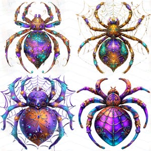 Op de afbeelding: Vier sierlijke spinnenillustraties. Elke spin heeft een uniek kleurenschema, waaronder paars, teal, goud en oranje. De spinnen hebben ingewikkelde patronen en staan tegen een witte achtergrond. Sommige spinnen worden vergezeld door een spinnenweb.