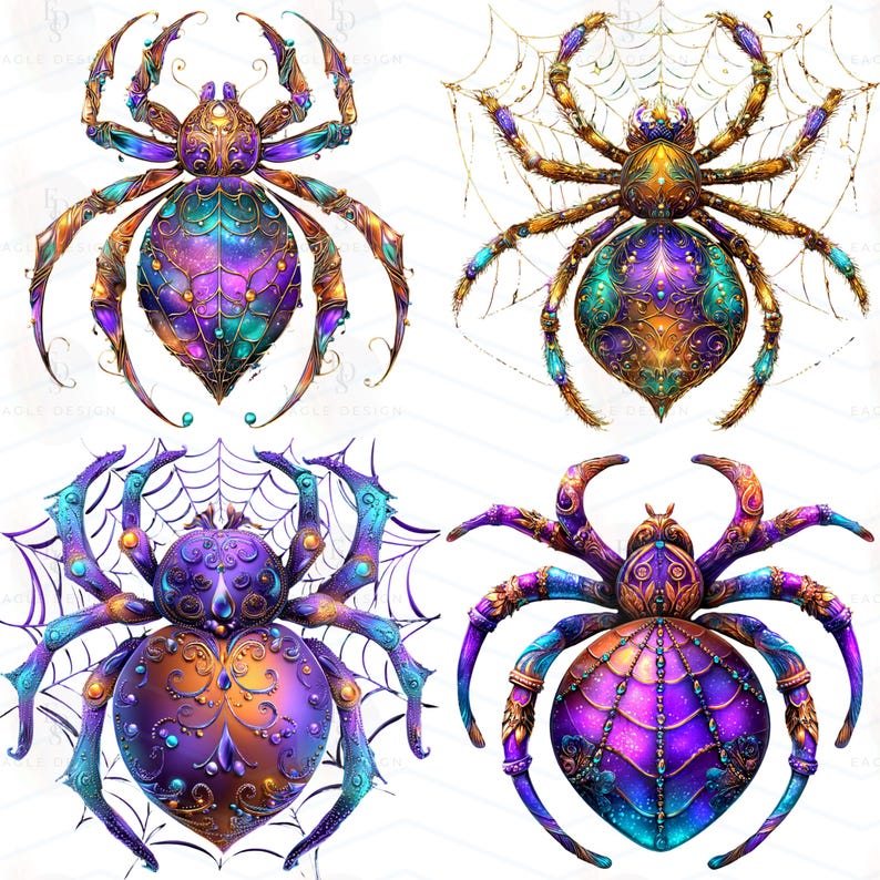Op de afbeelding: Vier sierlijke spinnenillustraties. Elke spin heeft een uniek kleurenschema, waaronder paars, teal, goud en oranje. De spinnen hebben ingewikkelde patronen en staan tegen een witte achtergrond. Sommige spinnen worden vergezeld door een spinnenweb.