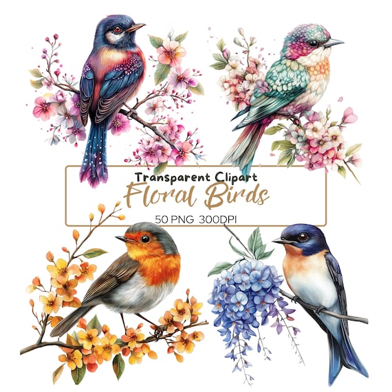 50 PNG 花柄の鳥のクリップアートバンドル、花の枝にとまる鳥の