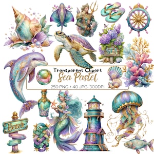May include: A collection of sea-themed clipart in pastel colors. The image includes a dolphin, turtle, mermaid, lighthouse, seashells, and other marine life. Text on the image reads "Transparent Clipart Sea Pastel".