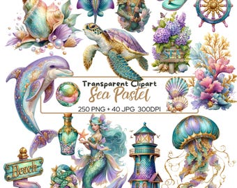 May include: A collection of sea-themed clipart in pastel colors. The image includes a dolphin, turtle, mermaid, lighthouse, seashells, and other marine life. Text on the image reads "Transparent Clipart Sea Pastel".