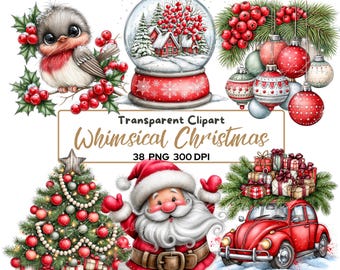 Whimsical Christmas Clipart PNG, 38 Cute Watercolor Holiday Graphics, Santa Gingerbread Nutcracker Snowman Tree for Cards & Sublimation