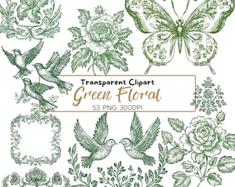 53 PNG Vintage Floral Art, Vintage Botanical, Flower Line Art, Vintage Flowers, Crests, Floral frames, Victorian Frames clip art, Green line