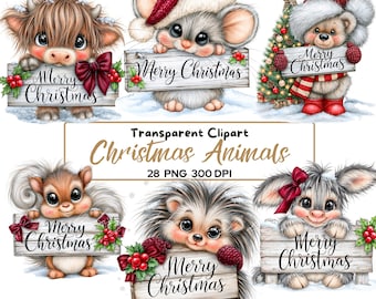 28 PNG Christmas Animals Clipart, Cute Woodland Animals with Merry Christmas Sign, Fox Owl Bear Bunny for Cards & Sublimation