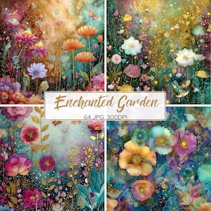 May include: A digital art print featuring four panels of a colorful, whimsical garden scene. The panels showcase vibrant flowers, butterflies, and a dreamy, ethereal background. The text "Enchanted Garden" is displayed on a banner, along with "64 JPG 300DPI".