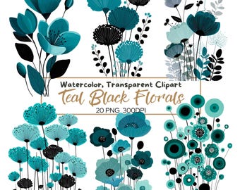 Groenblauwe en zwarte aquarel bloemen clipart: 20 png-bloemafbeeldingen (digitale download)