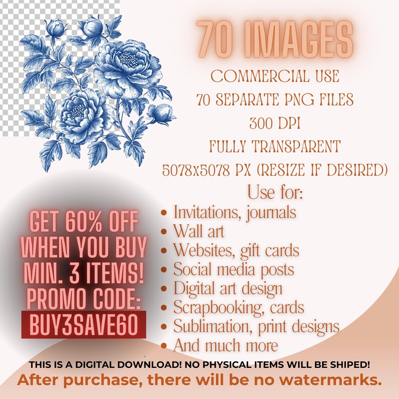 May include: Digital download graphic set featuring 70 images for commercial use. Includes PNG files, 300 DPI, fully transparent, and resizable. Use for invitations, wall art, websites, and more. Get 60% off when you buy 3 items with promo code BUY3SAVE60.