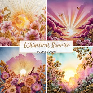 Puede incluir: Una colección de cuatro impresiones artísticas en acuarela que presentan escenas de amanecer caprichosas. Cada impresión muestra un sol vibrante con luz radiante, rodeado de flores y nubes coloridas. El texto "Whimsical Sunrise" se muestra en una pancarta blanca.