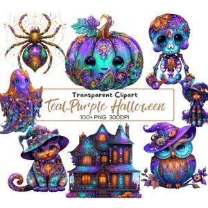 Op de afbeelding: Een verzameling teal en paarse Halloween-thema clipart. De afbeeldingen bevatten een spin, pompoen, spook, skelet, heks, kat, spookhuis en uil. De tekst in de afbeelding luidt "Transparent Clipart Teal-Purple Halloween 100+ PNG 300DPI."