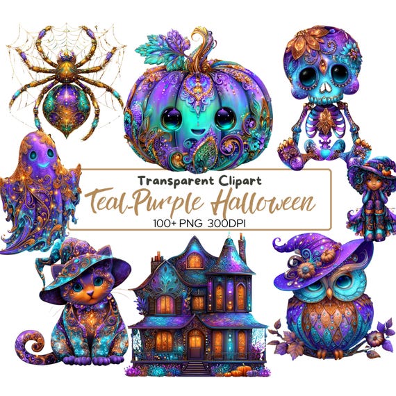 Teal Purple Halloween Clipart | Whimsical Gothic PNG Bundle | Cute Spooky Pumpkin, Cat, Owl & Haunted House Art | 300 DPI Transparent