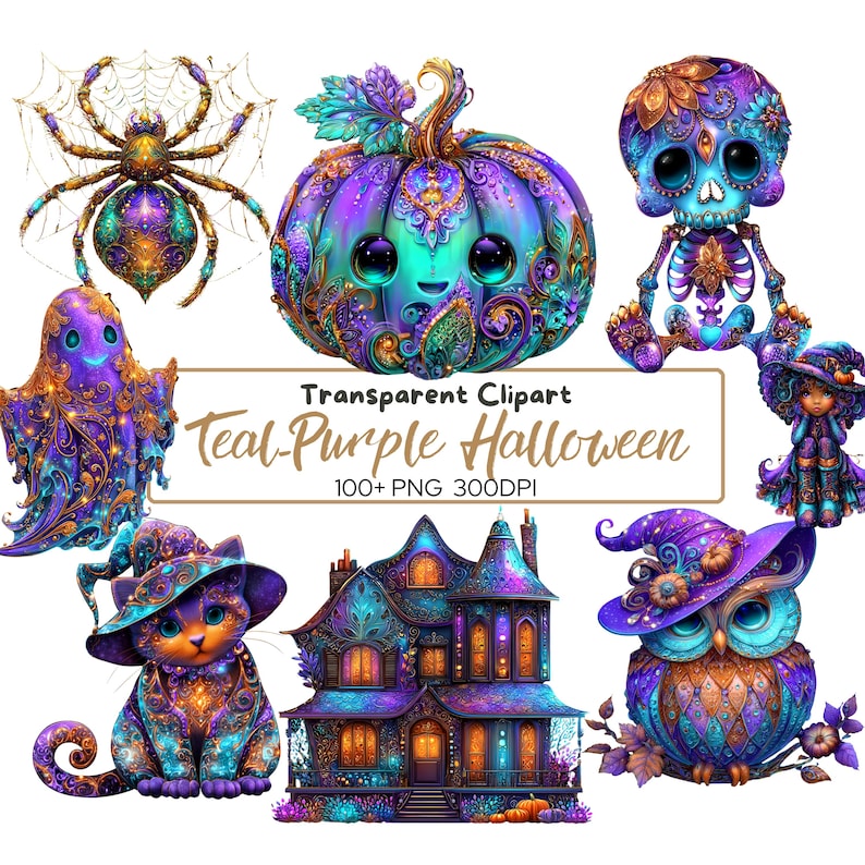 Op de afbeelding: Een verzameling teal en paarse Halloween-thema clipart. De afbeeldingen bevatten een spin, pompoen, spook, skelet, heks, kat, spookhuis en uil. De tekst in de afbeelding luidt "Transparent Clipart Teal-Purple Halloween 100+ PNG 300DPI."