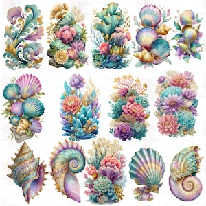 May include: Watercolor illustrations of various seashells and coral arrangements in shades of pink, teal, purple, and gold. The designs feature detailed textures and intricate patterns, perfect for coastal-themed projects.