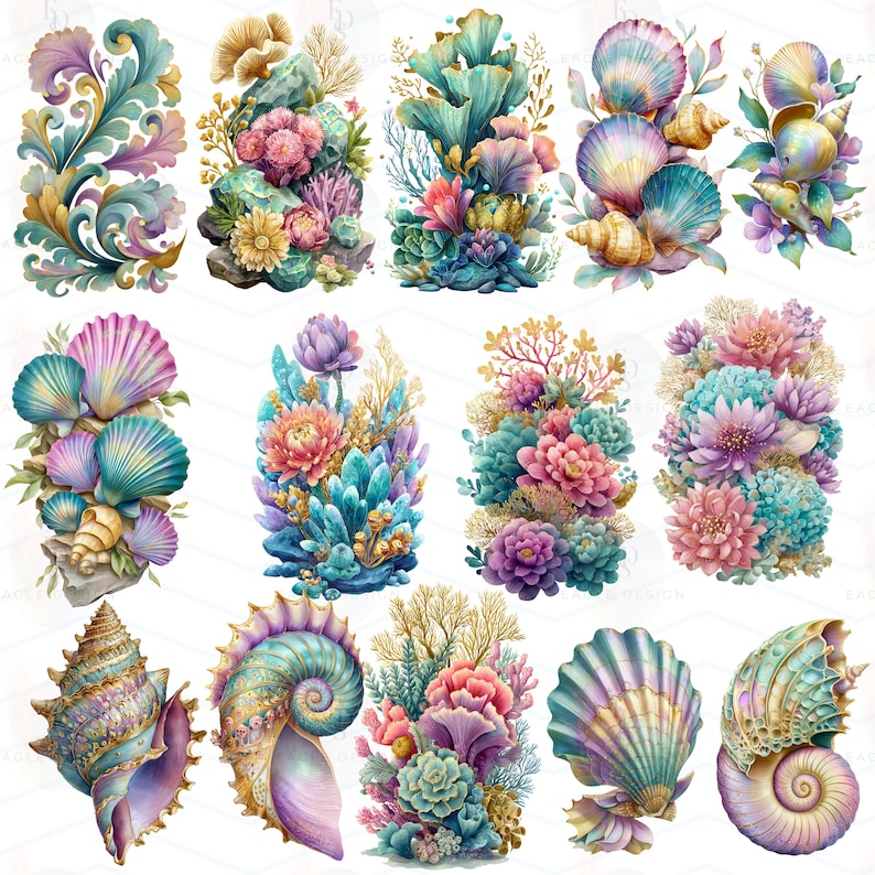 May include: Watercolor illustrations of various seashells and coral arrangements in shades of pink, teal, purple, and gold. The designs feature detailed textures and intricate patterns, perfect for coastal-themed projects.
