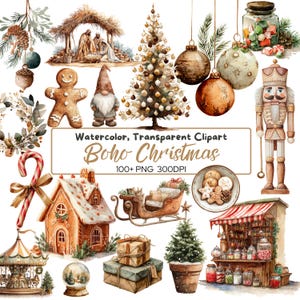 Puede incluir: Conjunto de imágenes prediseñadas de acuarela con ilustraciones navideñas. Incluye un hombre de jengibre, un árbol de Navidad, adornos, un belén, un cascanueces, una casa de jengibre, un trineo y el texto "Watercolor, Transparent Clipart Boho Christmas".