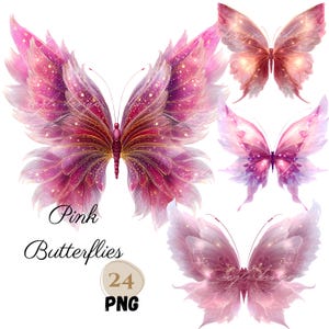 24 PNG ätherische Schmetterlinge Clipart Bundle, süße, wunderliche rosa Schmetterling Illustrationen Designs, Feen Schmetterlinge, rosa glitzernde Schmetterling