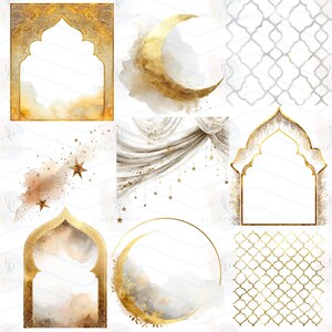Puede incluir: Colecci&oacute;n de ilustraciones en acuarela con elementos dorados y beige. Incluye marcos de arco ornamentados, una luna creciente, estrellas y un fondo estampado. Los dise&ntilde;os tienen una est&eacute;tica lujosa y elegante.