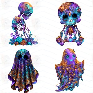 Op de afbeelding: Vier digitale illustraties van Halloween-personages. De personages zijn onder meer een skelet, een babyskelet en twee geesten. Elk personage is versierd met sierlijke bloemen- en filigraanpatronen in paars, blauw en goud.