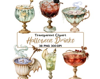 Halloween Cocktail Clipart Bundle, Spooky Drinks PNG, Witch Potion & Martini Clip Art, Vintage Halloween Party Sublimation PNG