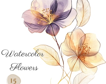 Op de afbeelding: Waterverfillustratie van twee delicate bloemen met doorschijnende bloemblaadjes in tinten paars, geel en oranje. De bloemen zijn omrand met goud en hebben een zachte, etherische kwaliteit. De tekst "Watercolor Flowers 15" is zichtbaar in de afbeelding.
